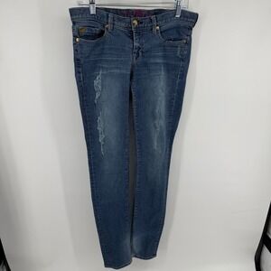 Y2K Low Rise 2b Bebe Skinny Kitty Jeans Womens 29 Blue Distressed Rhinestone USA